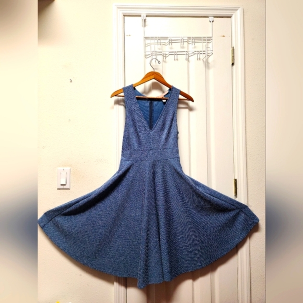 HUTCH BY ANTHROPOLOGIE HERRINGBONE BLUE LIPSTICK FIT AND FLARE SWING DRESS SZ M
